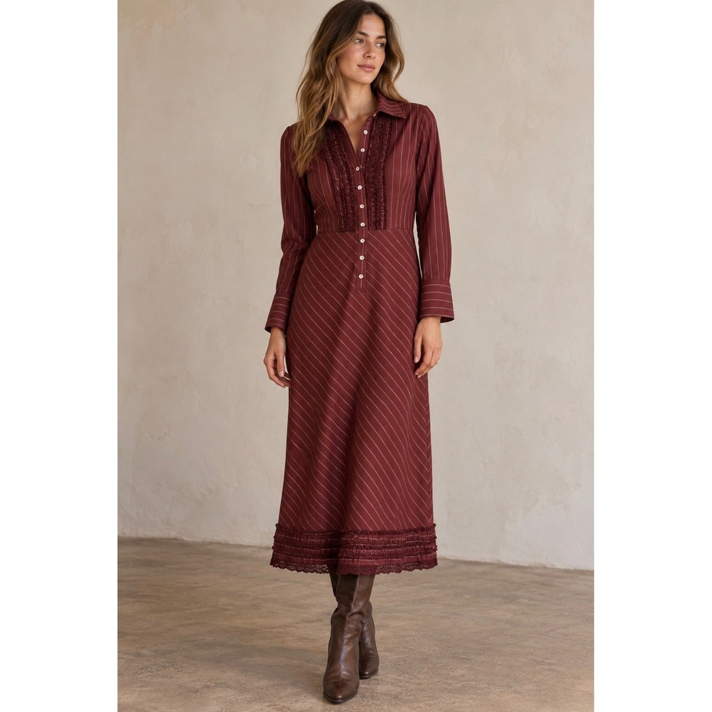Vintage Oilily Womens Wear $295 Burgundy Pinstripe Ruffle Maxi Dress Size 42 Y2K